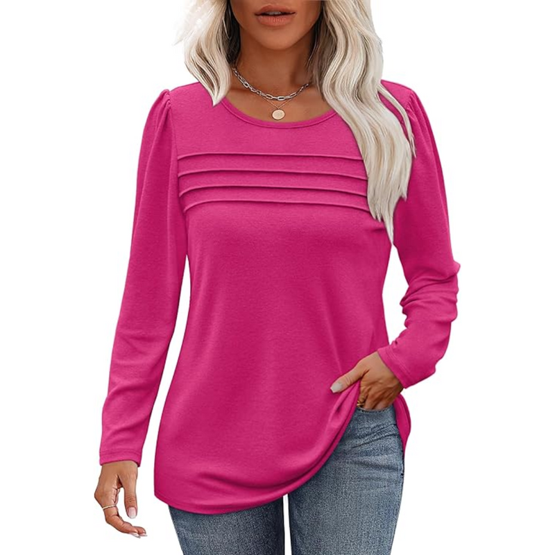 Damen Langarmshirt mit Rundhalsausschnitt und Falten-Design-Rosa-M-Luzern Mode