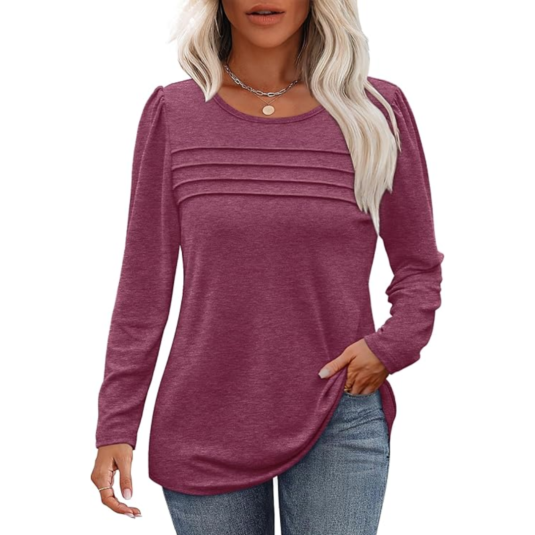 Damen Langarmshirt mit Rundhalsausschnitt und Falten-Design-Rot-M-Luzern Mode