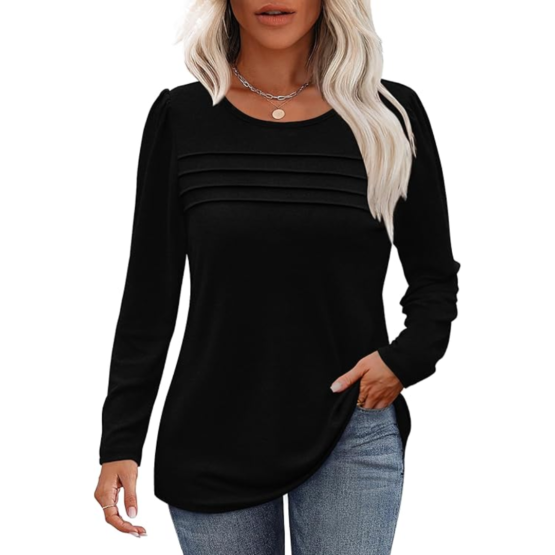 Damen Langarmshirt mit Rundhalsausschnitt und Falten-Design-Schwarz-M-Luzern Mode