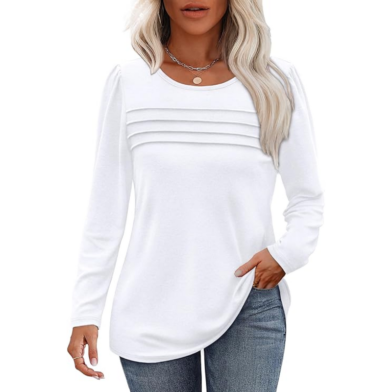 Damen Langarmshirt mit Rundhalsausschnitt und Falten-Design-Weiß-M-Luzern Mode