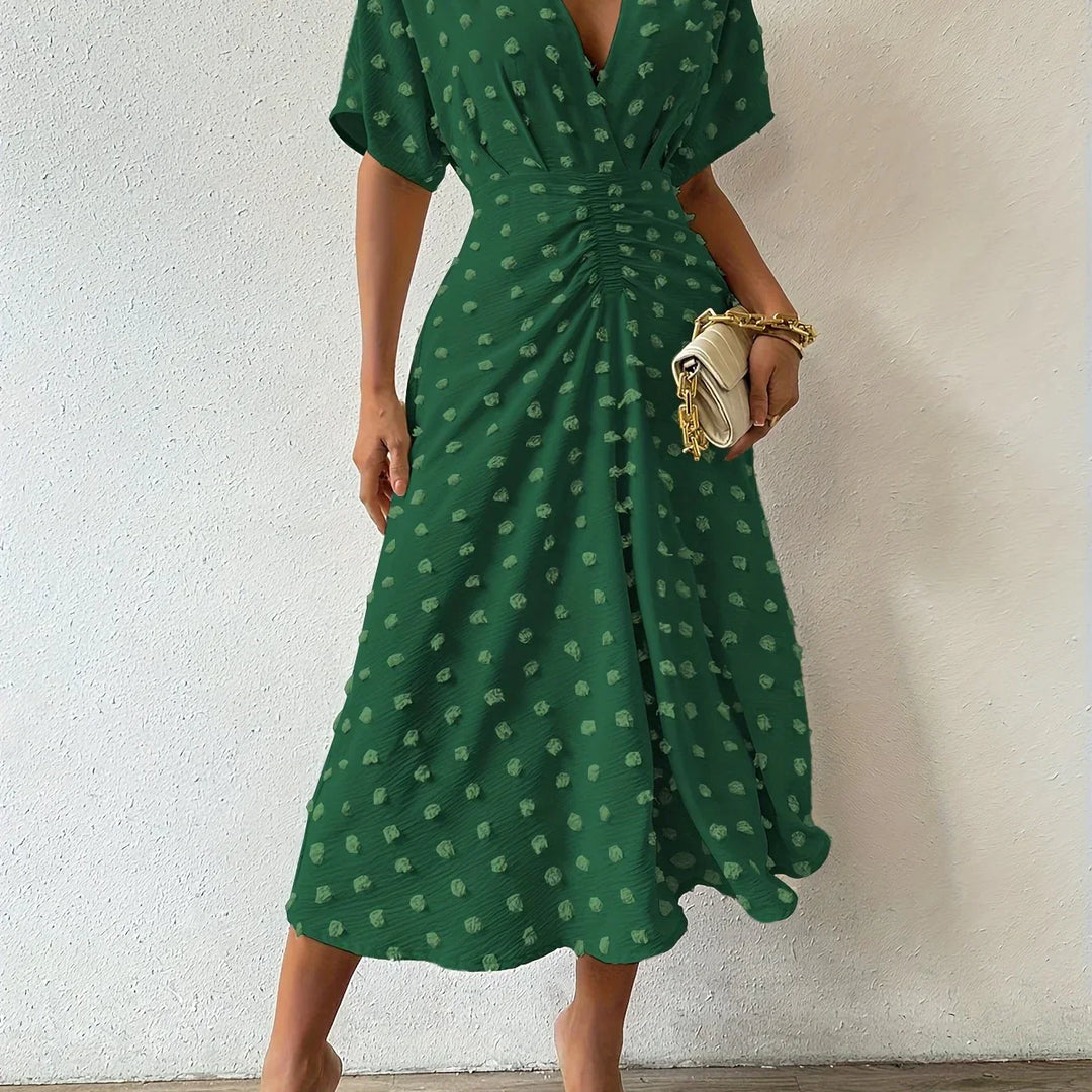 Elegantes Damenkleid mit V-Ausschnitt und Raffung Design-S-Dunkelgrün-Luzern Mode