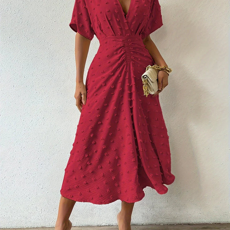 Elegantes Damenkleid mit V-Ausschnitt und Raffung Design-S-Rot-Luzern Mode