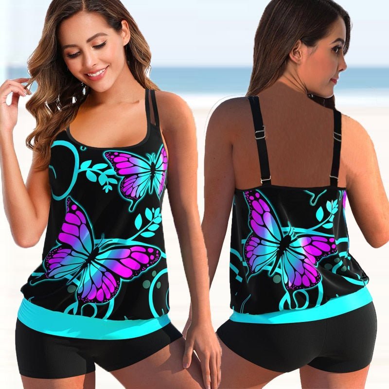 Tankini | Übergröße | Ärmellos | 2-teilig | Figurbetont | Bunt-Schwarz - Schmetterlinge-S-Luzern Mode