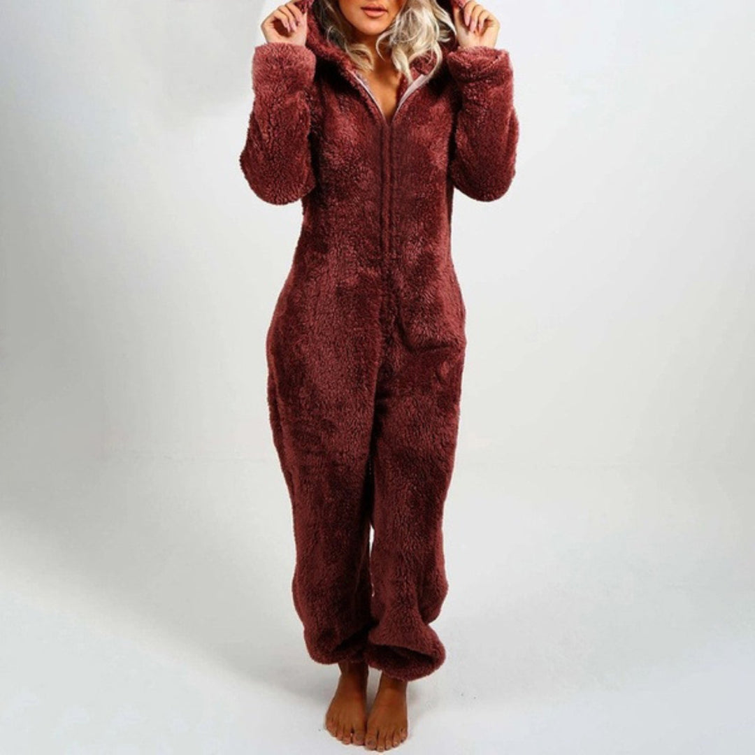 Damen Plüsch Winter Overall Pyjama mit Kapuze und Reißverschluss-Bordeaux-S-Luzern Mode