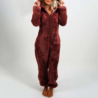 Damen Plüsch Winter Overall Pyjama mit Kapuze und Reißverschluss-Bordeaux-S-Luzern Mode