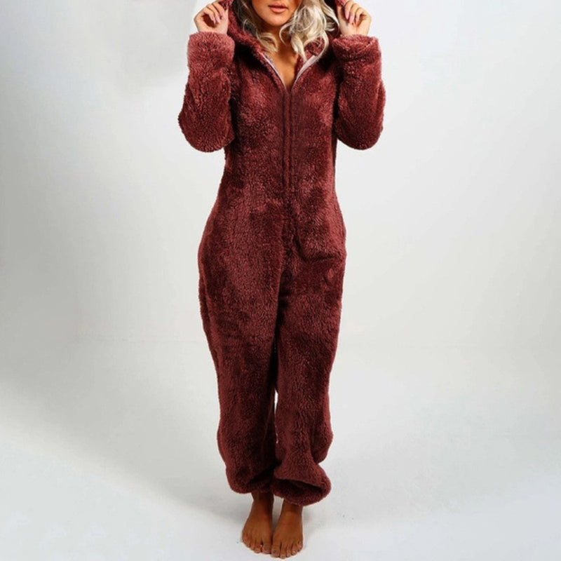 Damen Plüsch Winter Overall Pyjama mit Kapuze und Reißverschluss-Bordeaux-S-Luzern Mode