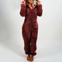 Damen Plüsch Winter Overall Pyjama mit Kapuze und Reißverschluss-Bordeaux-S-Luzern Mode