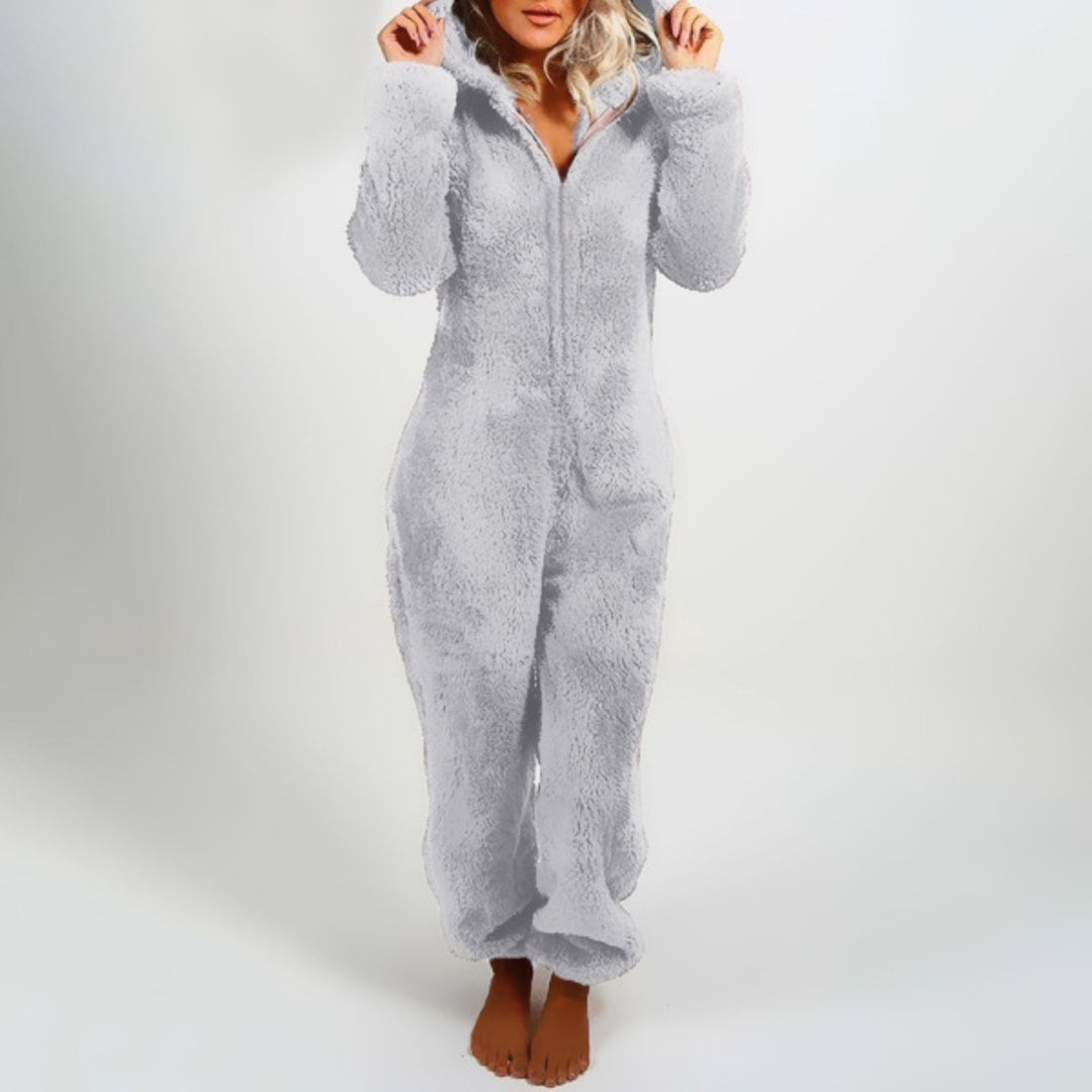 Damen Plüsch Winter Overall Pyjama mit Kapuze und Reißverschluss-Grau-S-Luzern Mode