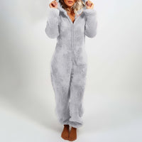 Damen Plüsch Winter Overall Pyjama mit Kapuze und Reißverschluss-Grau-S-Luzern Mode