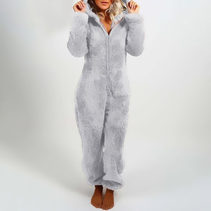 Damen Plüsch Winter Overall Pyjama mit Kapuze und Reißverschluss-Grau-S-Luzern Mode