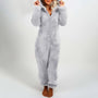 Damen Plüsch Winter Overall Pyjama mit Kapuze und Reißverschluss-Grau-S-Luzern Mode
