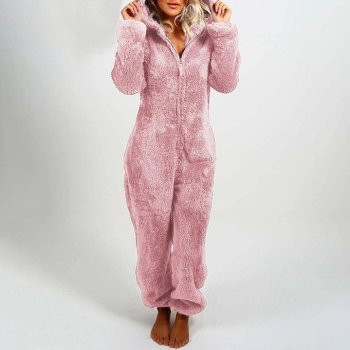 Damen Plüsch Winter Overall Pyjama mit Kapuze und Reißverschluss-Hellrosa-S-Luzern Mode