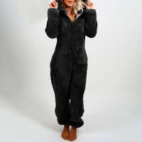 Damen Plüsch Winter Overall Pyjama mit Kapuze und Reißverschluss-Schwarz-S-Luzern Mode