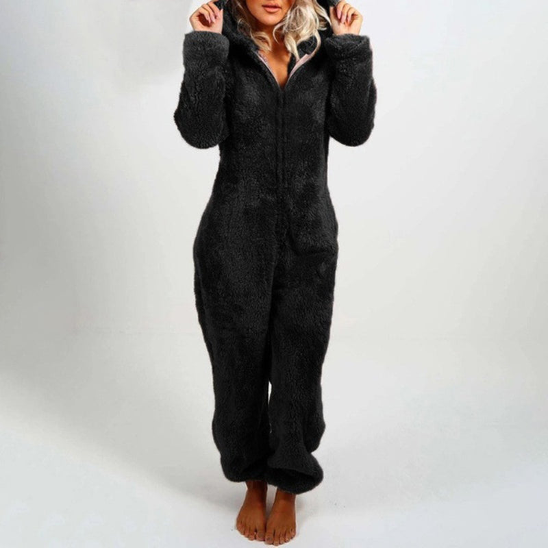 Damen Plüsch Winter Overall Pyjama mit Kapuze und Reißverschluss-Schwarz-S-Luzern Mode