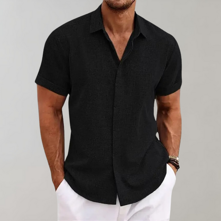 Herren Leinenhemd Kurzarm Sommer Freizeitmode 2023-Schwarz-S-Luzern Mode