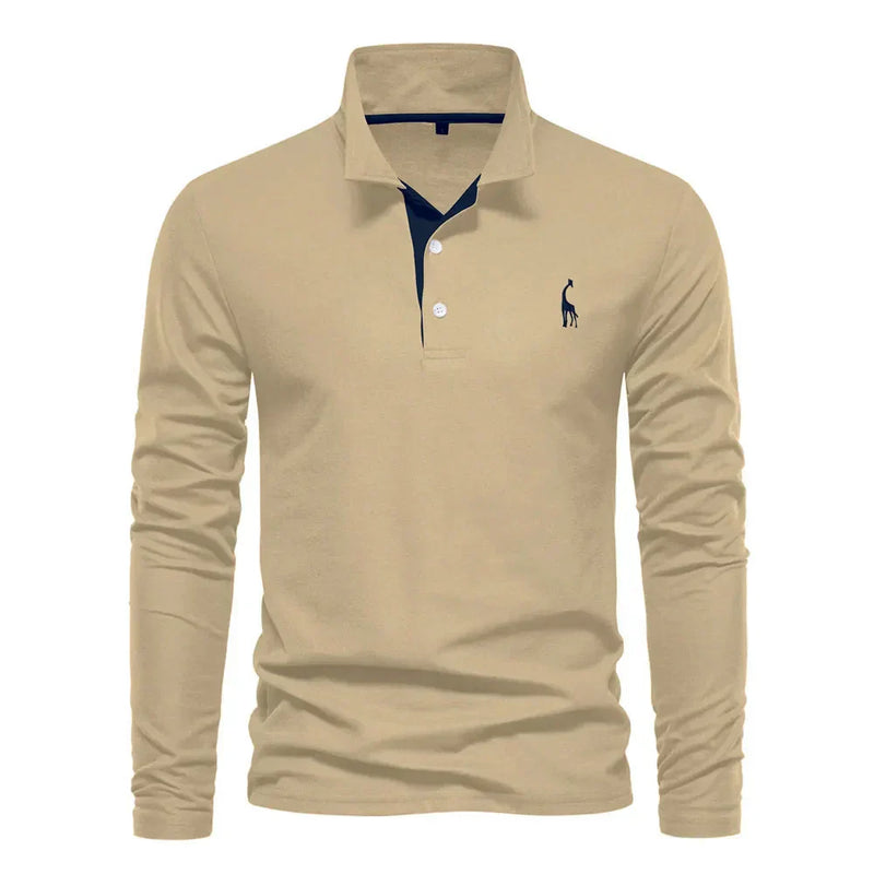 Herren Langarm Poloshirt mit Stickerei - Freizeitmode-Kaki-S-Luzern Mode