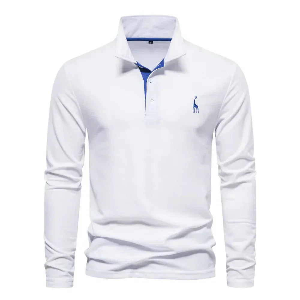 Herren Langarm Poloshirt mit Stickerei - Freizeitmode-Weiß-S-Luzern Mode