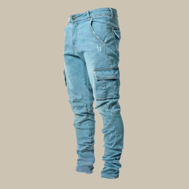 Herren Cargo-Jeans | Stretch | Slim Fit | Taschen | Knopfverschluss-Blau-S-Luzern Mode