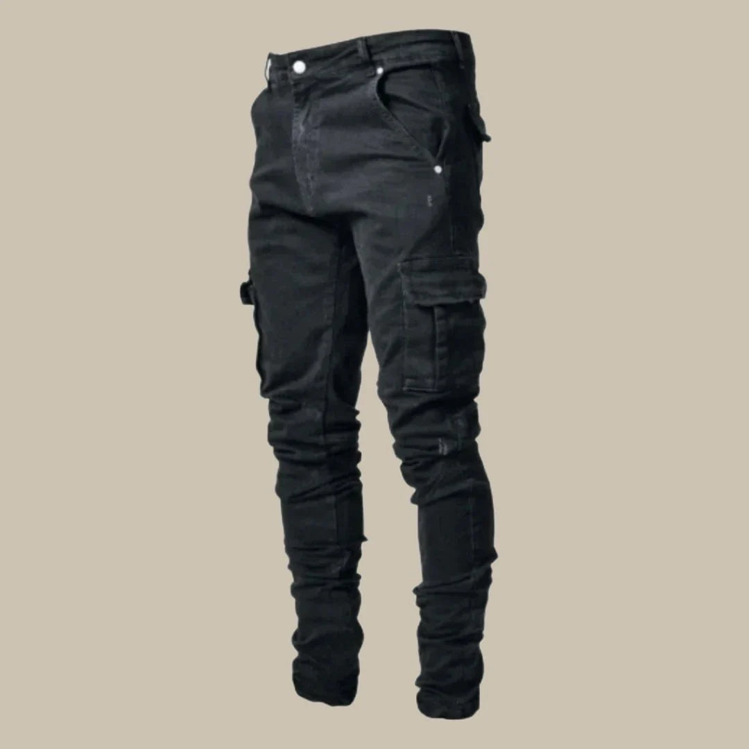 Herren Cargo-Jeans | Stretch | Slim Fit | Taschen | Knopfverschluss-Schwarz-S-Luzern Mode