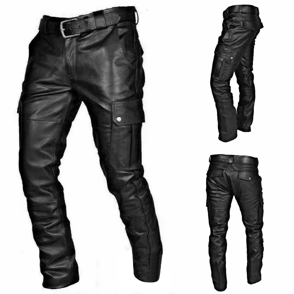 Herren Kunstlederhose mit Taschen und Gürtel - Modisch-Schwarz-S-Luzern Mode