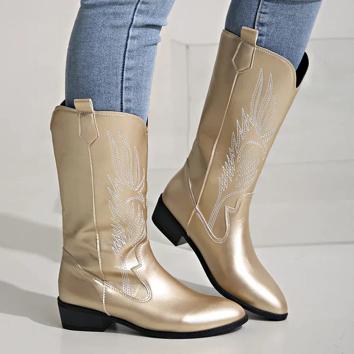 Damen Westernstiefel mit Stickerei und Blockabsatz-Gold-36-Luzern Mode