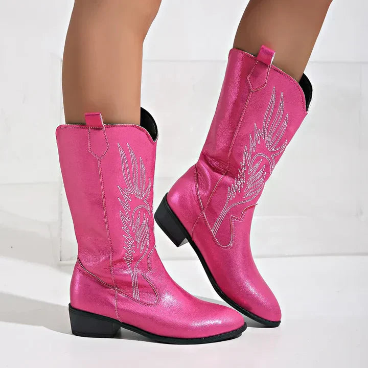 Damen Westernstiefel mit Stickerei und Blockabsatz-Rosa-36-Luzern Mode
