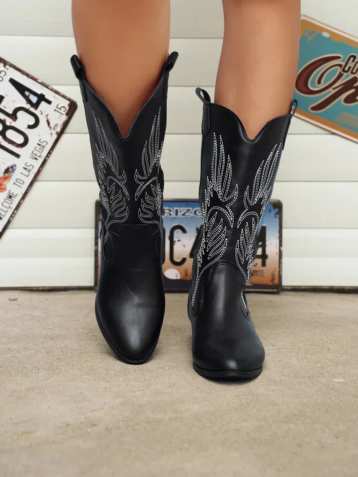 Damen Westernstiefel mit Stickerei und Blockabsatz-Schwarz-36-Luzern Mode