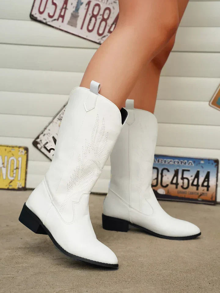 Damen Westernstiefel mit Stickerei und Blockabsatz-Weiß-36-Luzern Mode