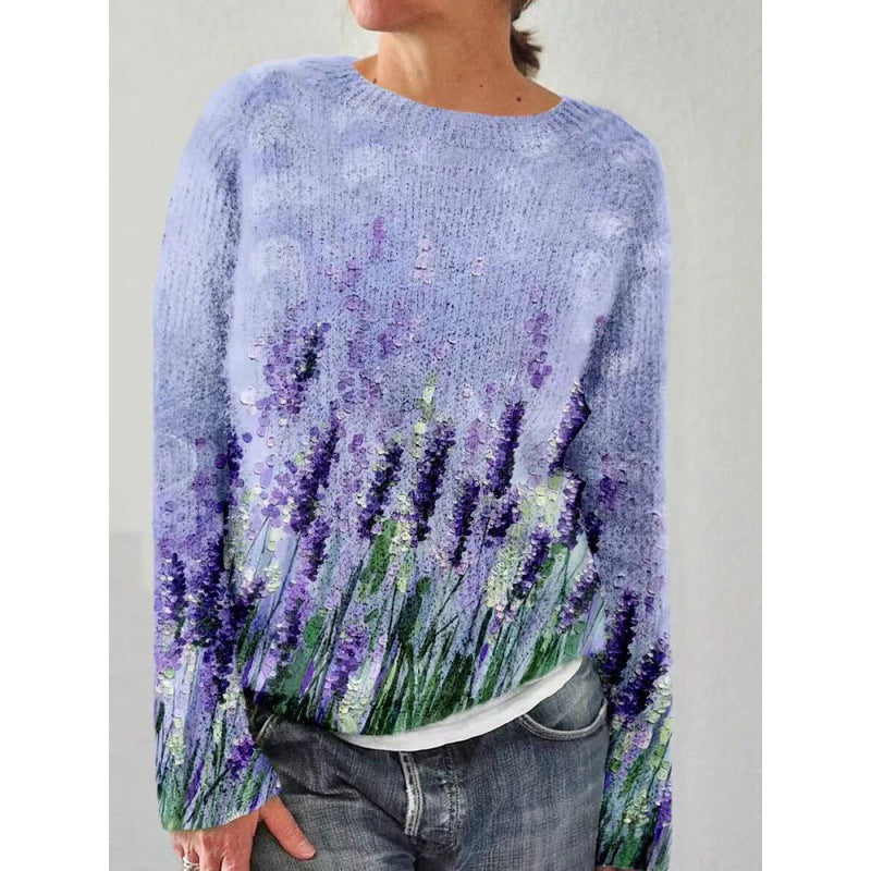 Damen Pullover mit Lavendelmotiv – Strickmode Trend 2023-S-Luzern Mode