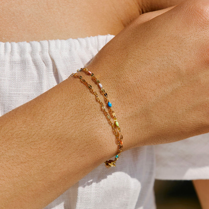 Doppelarmband mit Regenbogenperlen und Goldkette Damen-Luzern Mode