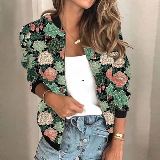 Damenjacke mit buntem Blumenmuster - Modische Freizeitjacke-Grün-S-Luzern Mode