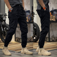 Herren Cargohose | Lang | Einfarbig | Stretch | Taschen | Kordelzug-Schwarz-M-Luzern Mode
