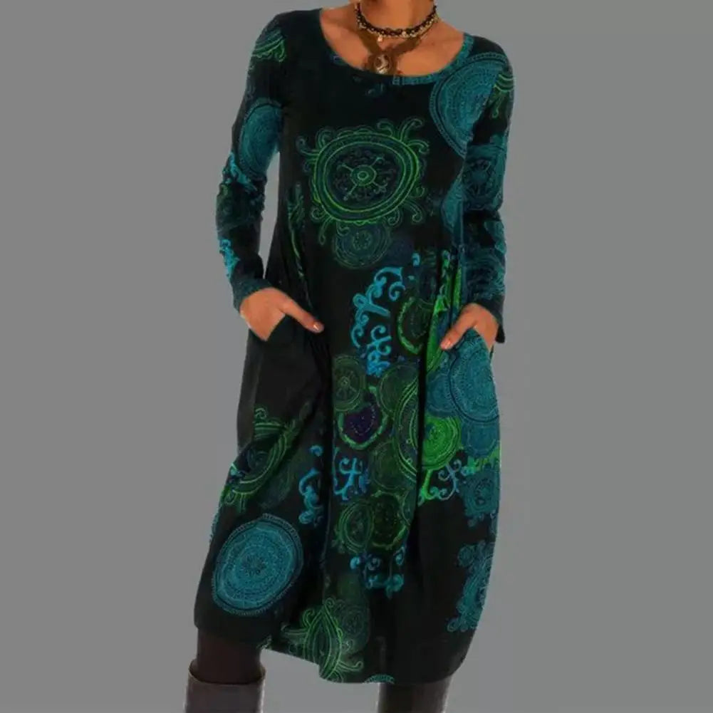 Boho Damenkleid mit Ethno-Muster und Taschen, Langarm-Blau-S-Luzern Mode