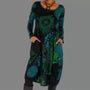Boho Damenkleid mit Ethno-Muster und Taschen, Langarm-Blau-S-Luzern Mode