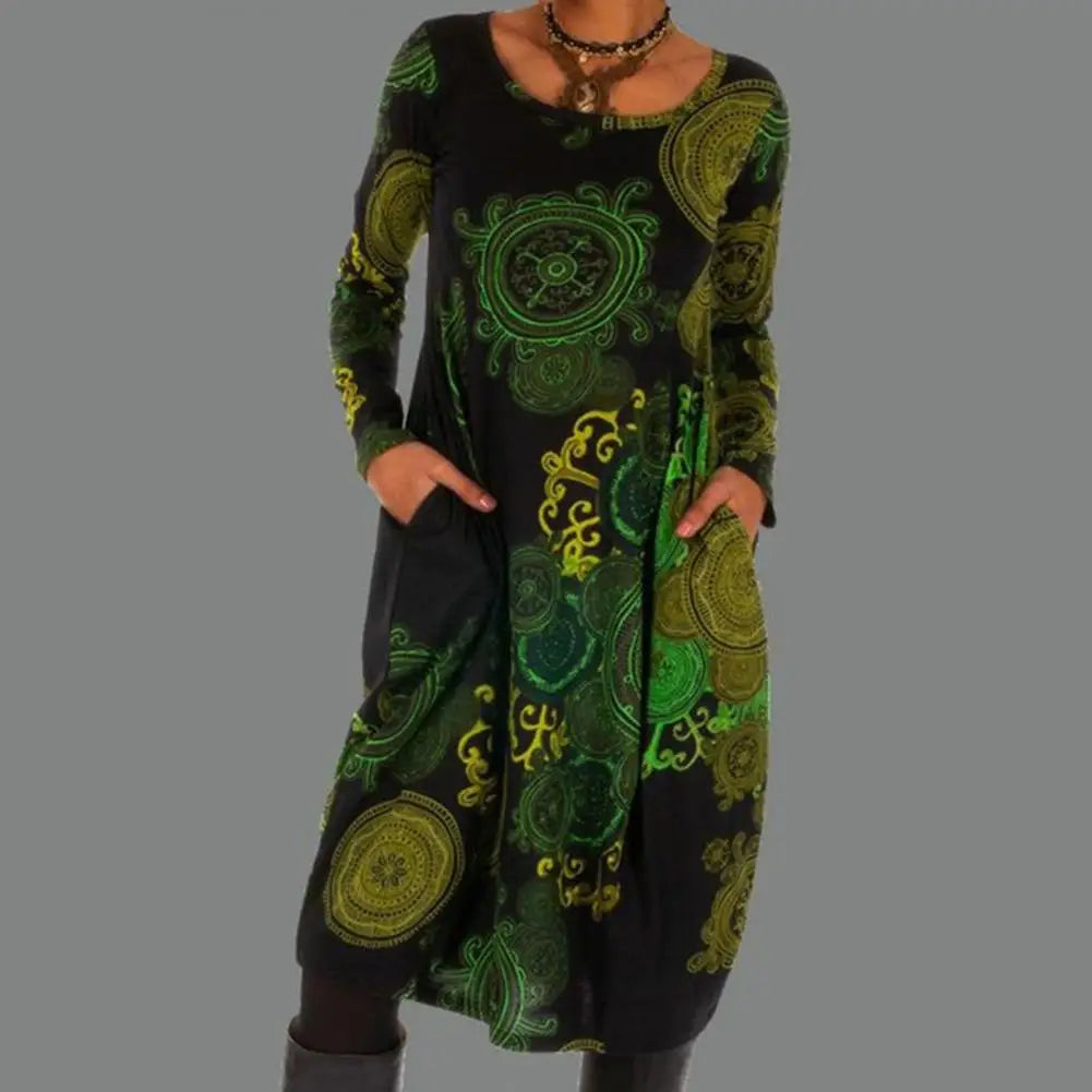 Boho Damenkleid mit Ethno-Muster und Taschen, Langarm-Grün-S-Luzern Mode