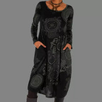 Boho Damenkleid mit Ethno-Muster und Taschen, Langarm-Schwarz-S-Luzern Mode