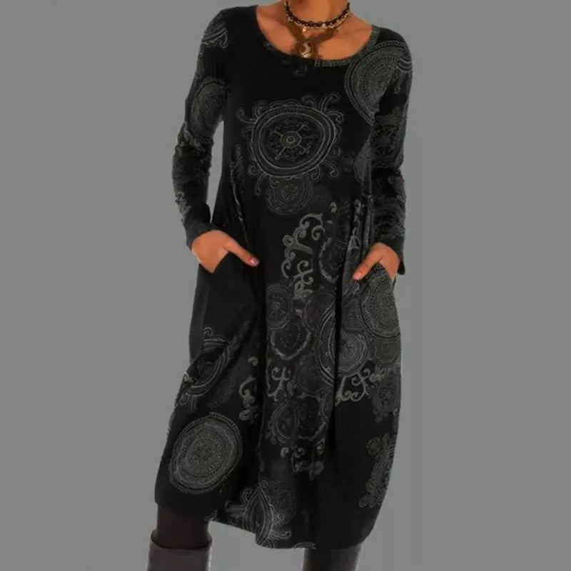 Boho Damenkleid mit Ethno-Muster und Taschen, Langarm-Schwarz-S-Luzern Mode