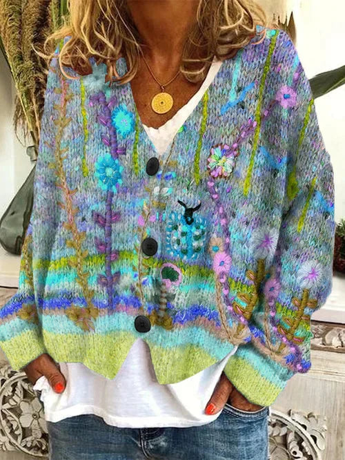 Damen Strickjacke mit Blumenmuster und Knopfleiste Vintage-Blau-S-Luzern Mode