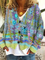 Damen Strickjacke mit Blumenmuster und Knopfleiste Vintage-Blau-S-Luzern Mode