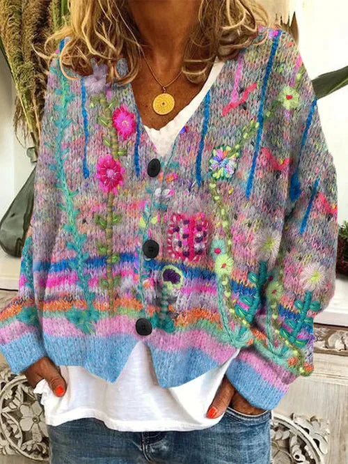 Damen Strickjacke mit Blumenmuster und Knopfleiste Vintage-Grau-S-Luzern Mode
