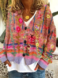 Damen Strickjacke mit Blumenmuster und Knopfleiste Vintage-Orange-S-Luzern Mode