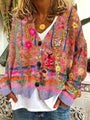 Damen Strickjacke mit Blumenmuster und Knopfleiste Vintage-Orange-S-Luzern Mode