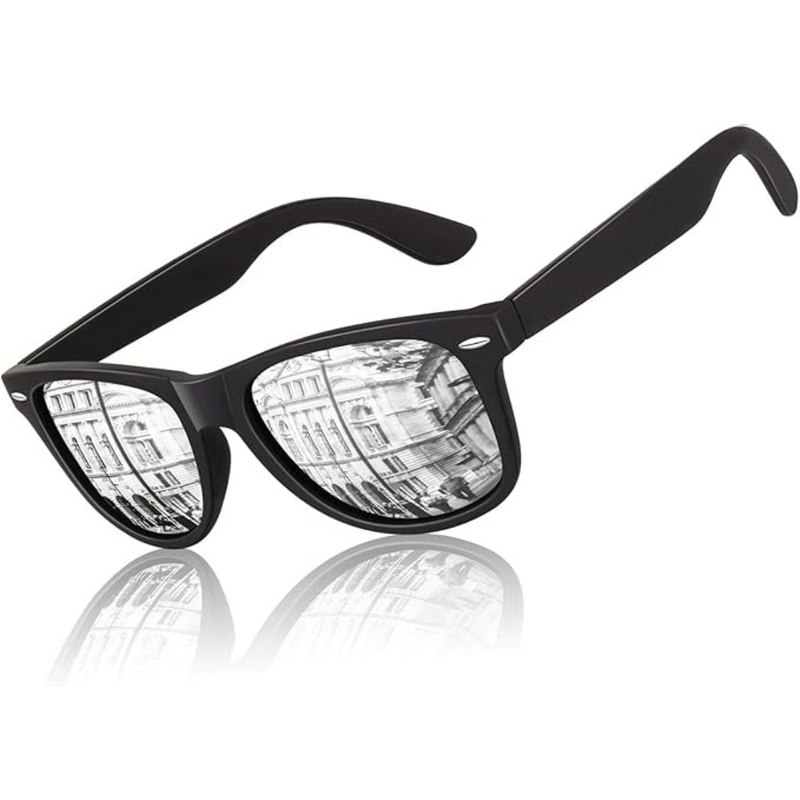 HD Polarisierte Sonnenbrille mit UV400 Schutz und Komfort-Matt Schwarz Rahmen | Silbernes Spiegelglas-Luzern Mode