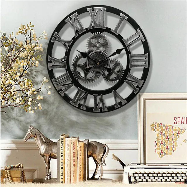 Industrielle Wanduhr | Holz | Retro | Römische Zahlen | Massiv-Schwarz-Luzern Mode