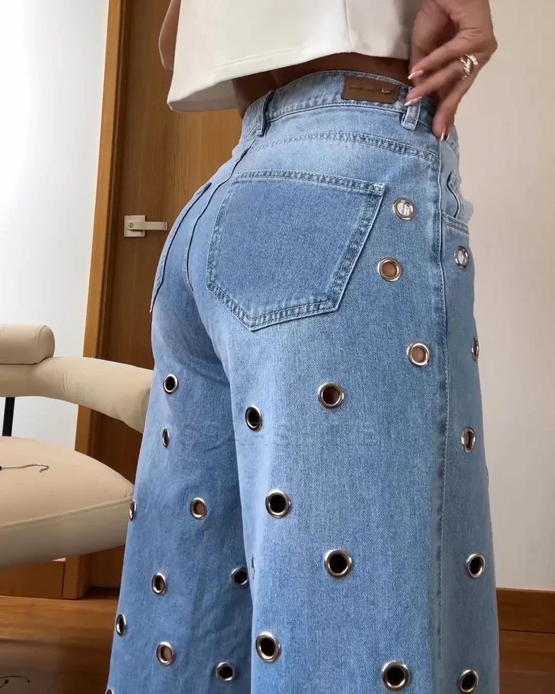 Damen Schlaghose mit Cut-Outs und Fransen-Design-Luzern Mode