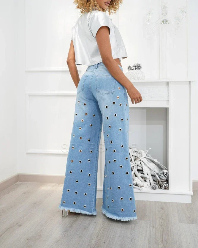 Damen Schlaghose mit Cut-Outs und Fransen-Design-Luzern Mode