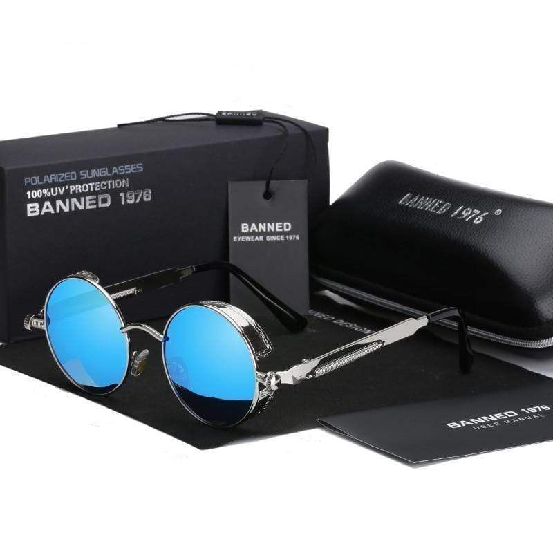 Herren Sonnenbrille | Steampunk | Rund | Polarisiert | Metallrahmen-Silber Blau-Luzern Mode