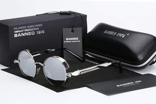 Herren Sonnenbrille | Steampunk | Rund | Polarisiert | Metallrahmen-Silber Schwarz-Luzern Mode