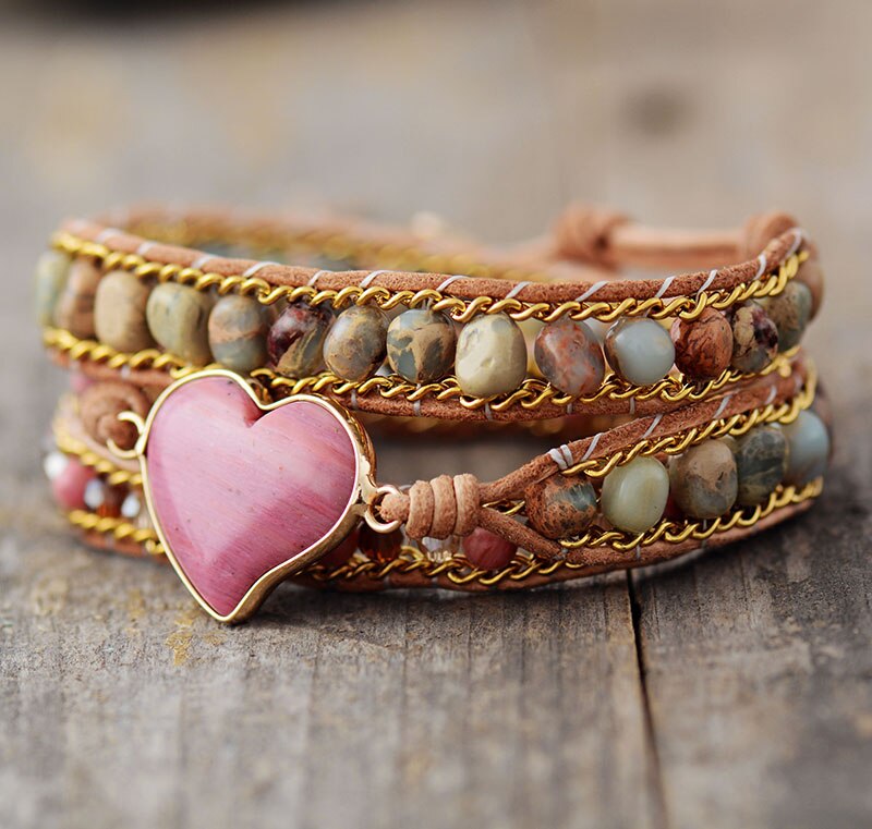 Wickelarmband | Leder Nachhaltig Herzförmig Rhodochrosit Stilvoll Einzigartig-Luzern Mode
