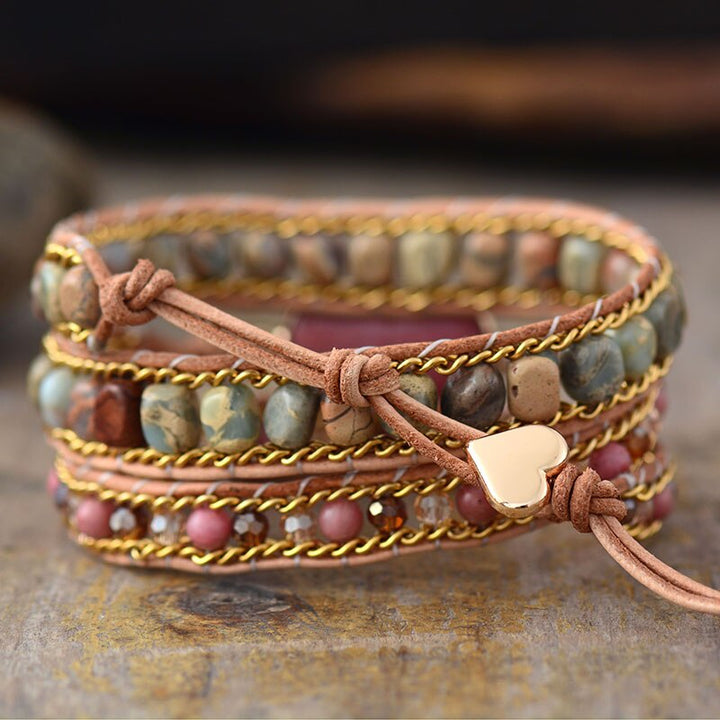 Wickelarmband | Leder Nachhaltig Herzförmig Rhodochrosit Stilvoll Einzigartig-Luzern Mode